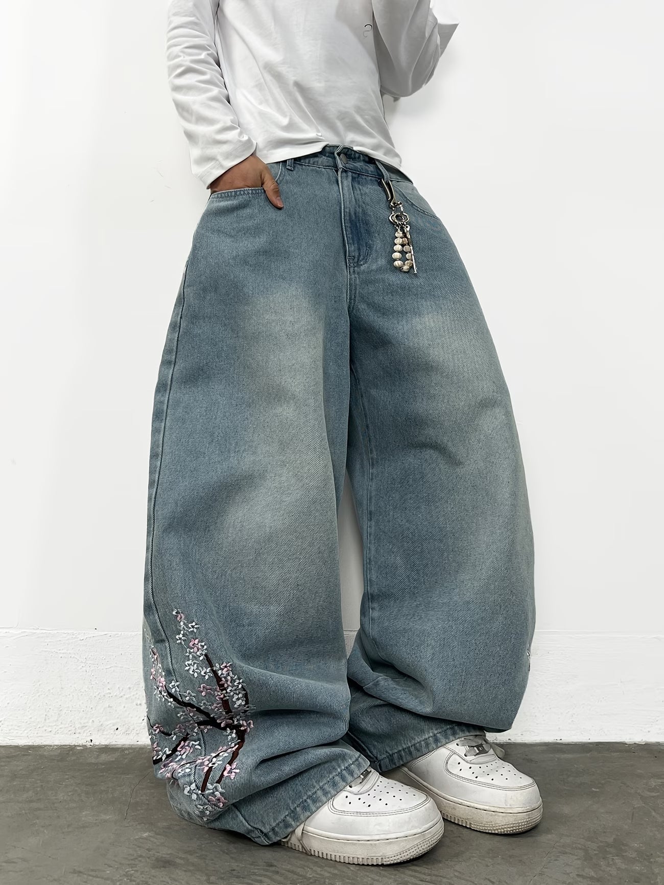Cherry Blossom Tree Embroidered Baggy Jeans