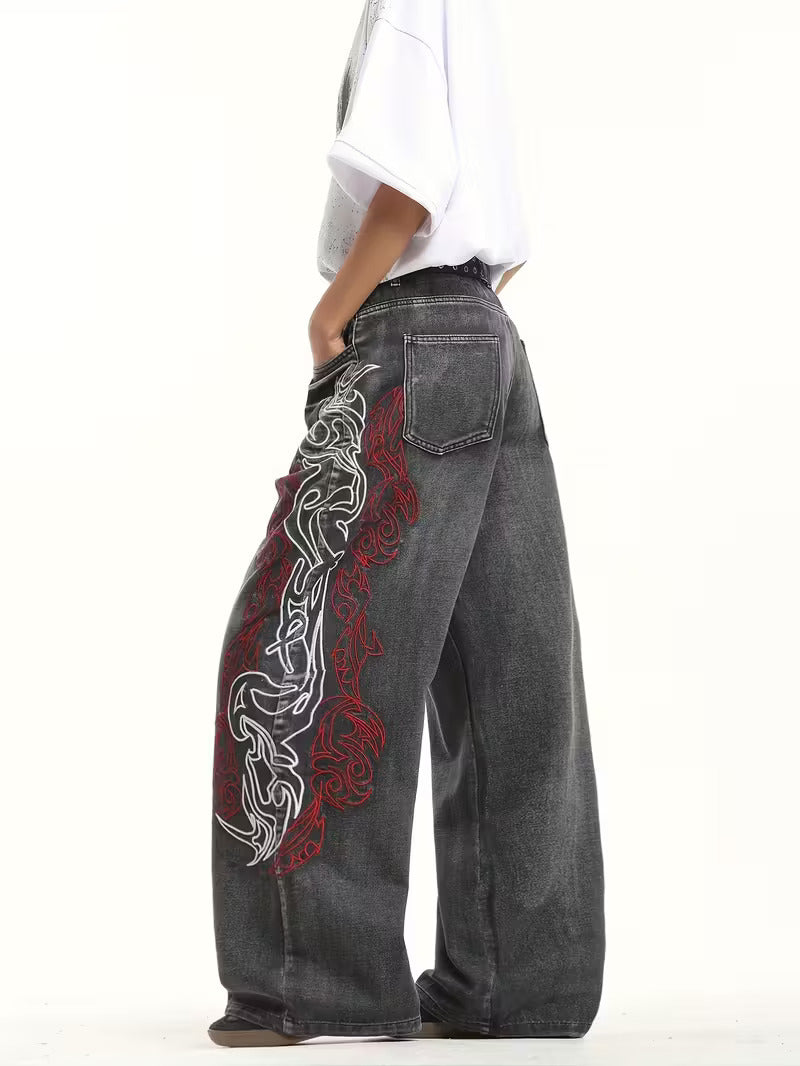 Japanese Embroidered Washed Baggy Jeans