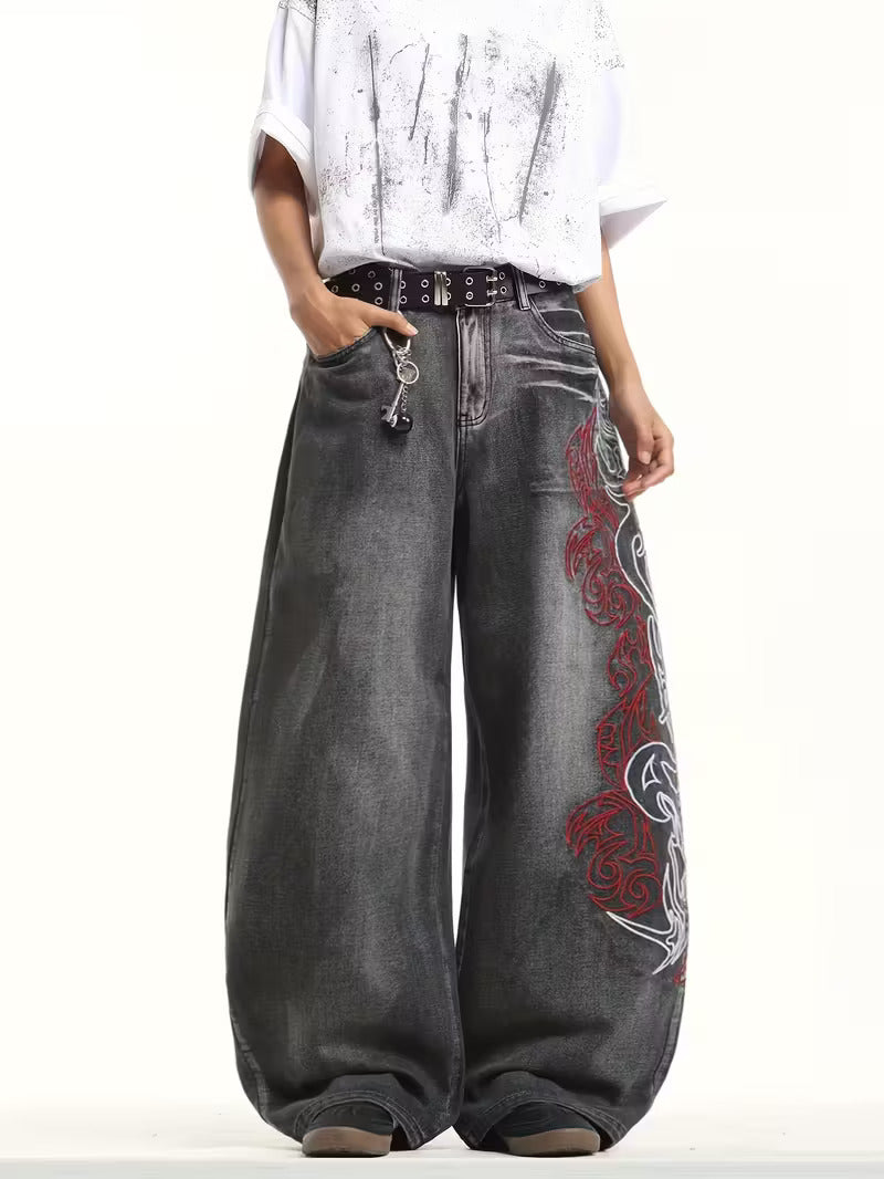 Japanese Embroidered Washed Baggy Jeans