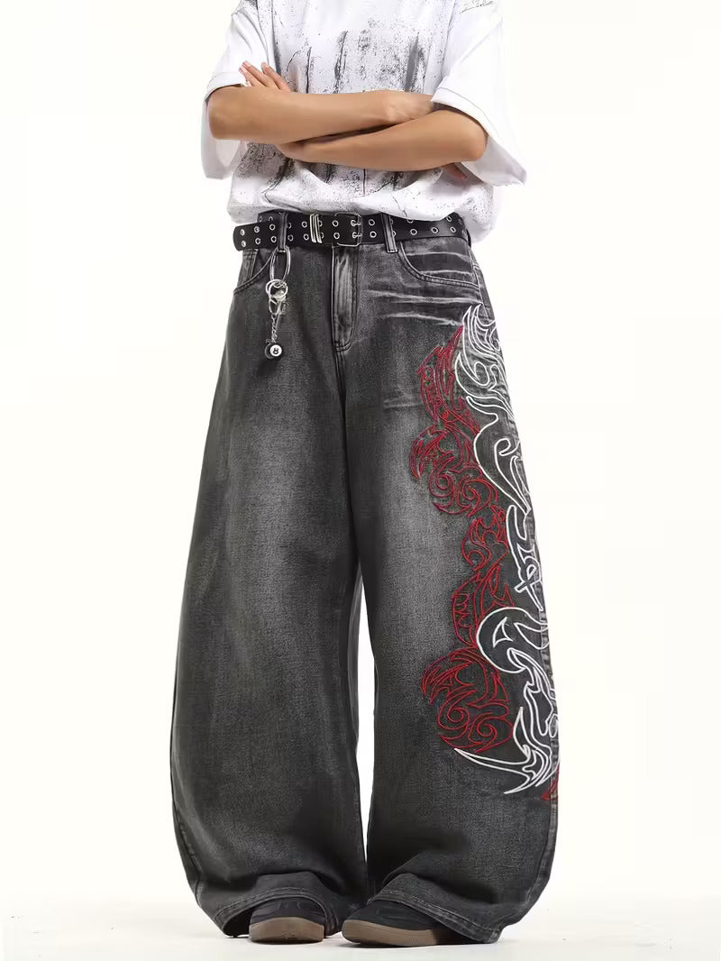 Japanese Embroidered Washed Baggy Jeans