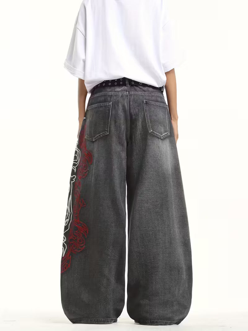 Japanese Embroidered Washed Baggy Jeans