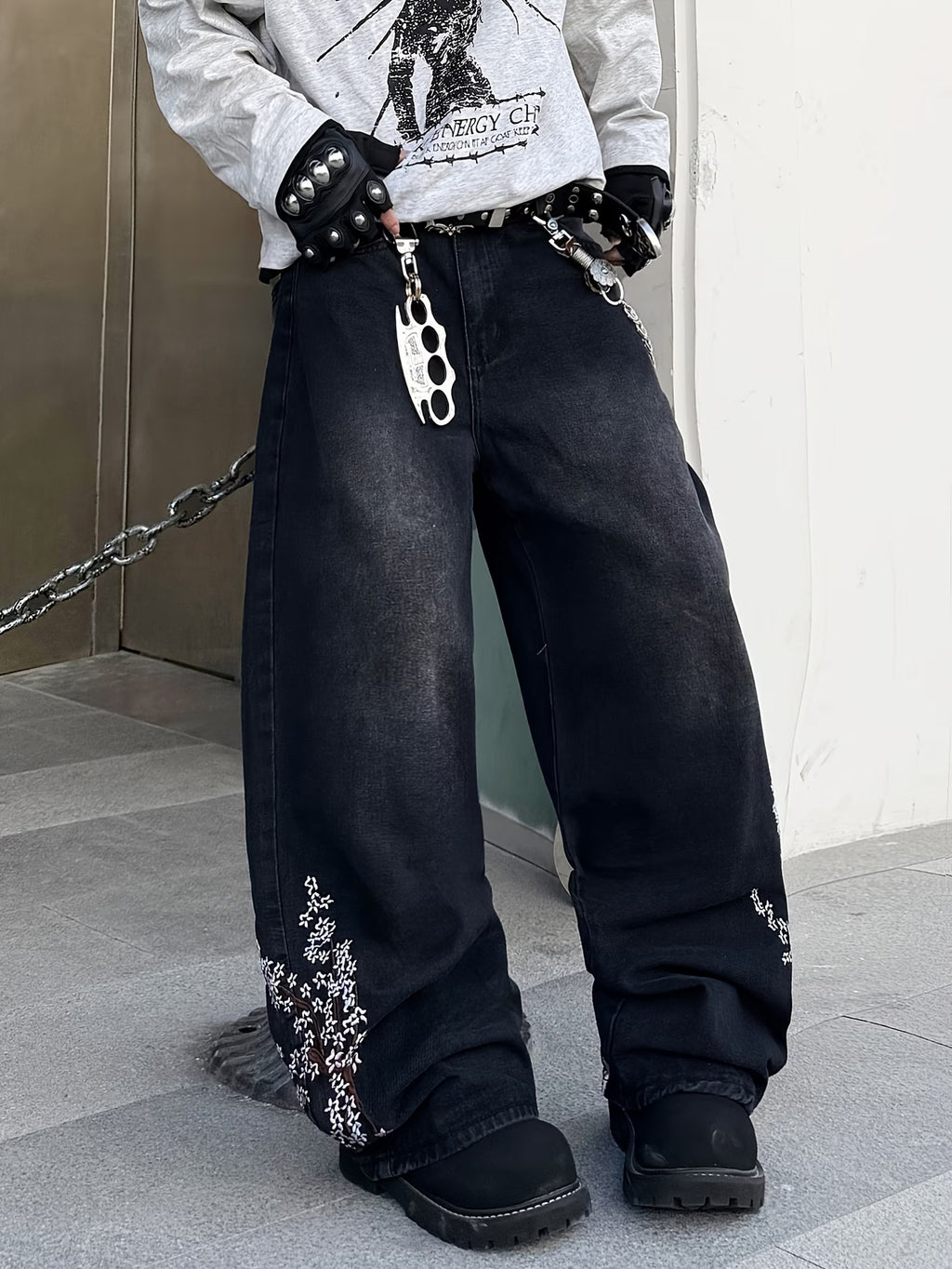 Cherry Blossom Tree Embroidered Baggy Jeans