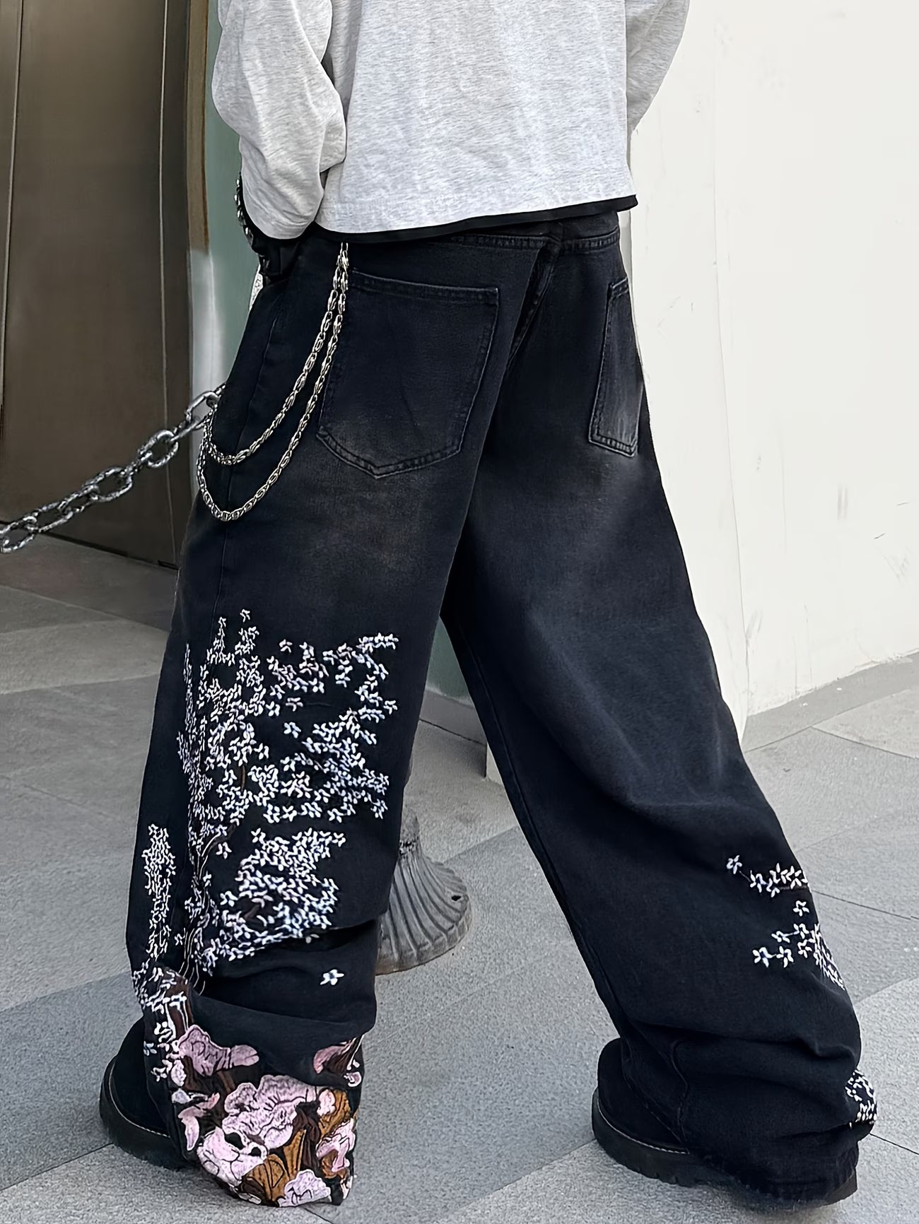 Cherry Blossom Tree Embroidered Baggy Jeans