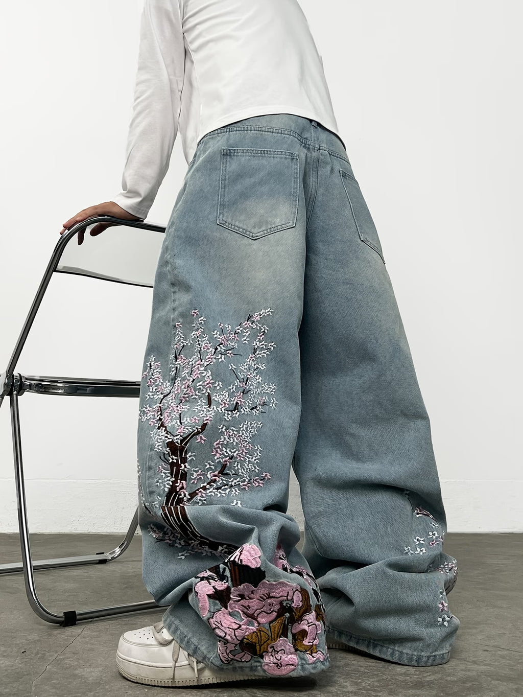 Cherry Blossom Tree Embroidered Baggy Jeans