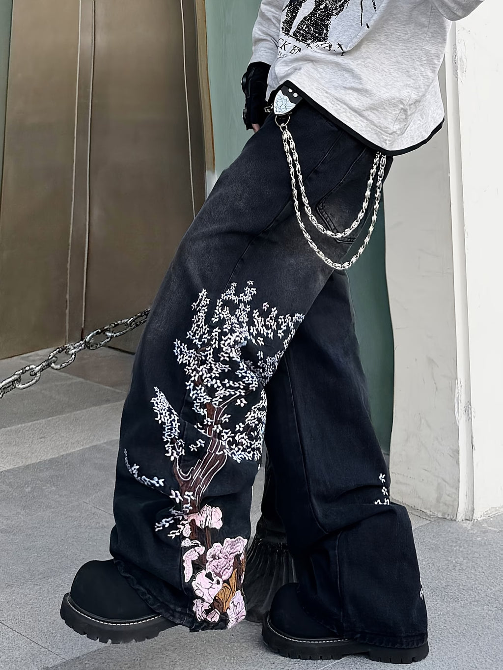 Cherry Blossom Tree Embroidered Baggy Jeans