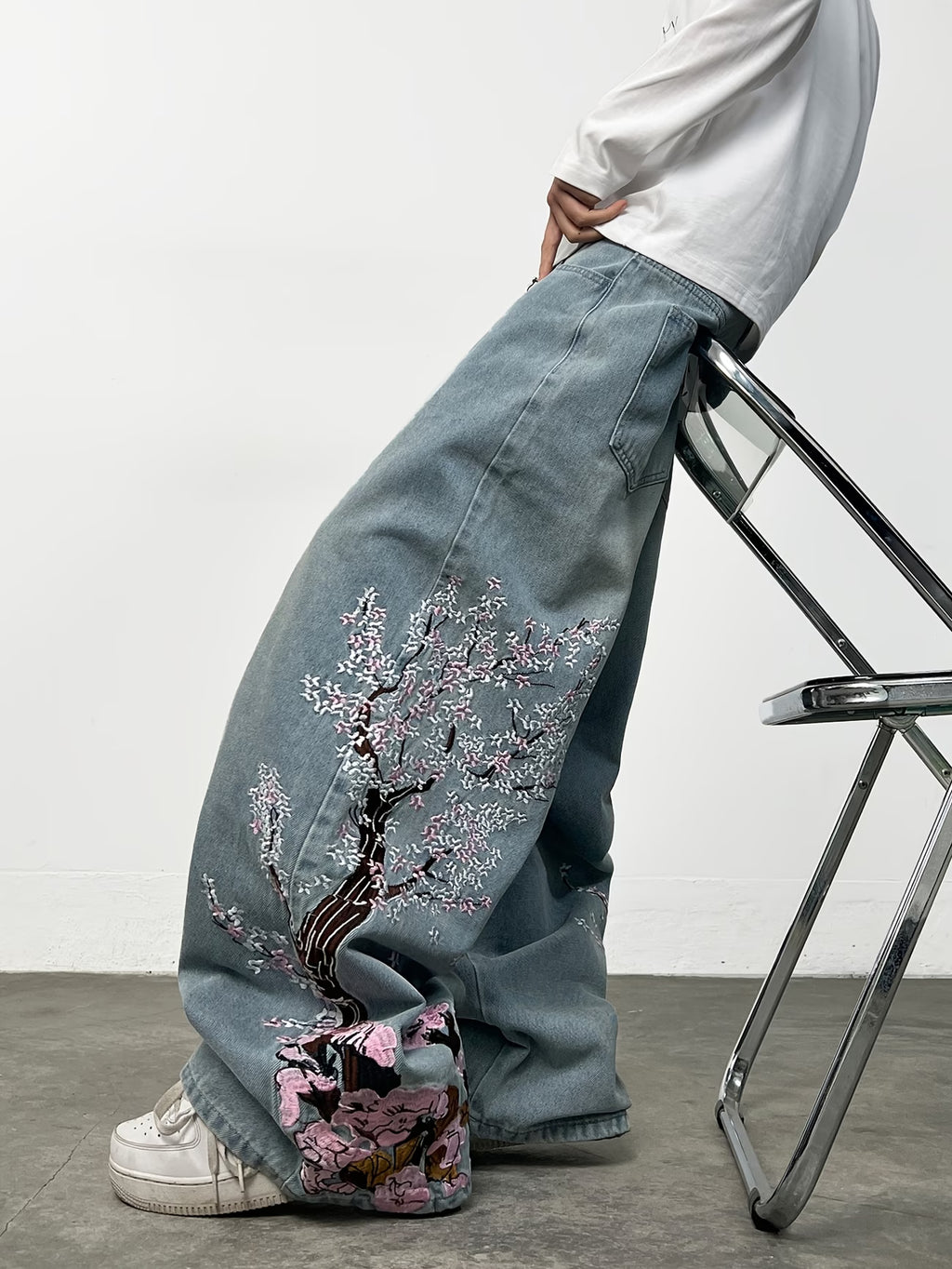 Cherry Blossom Tree Embroidered Baggy Jeans